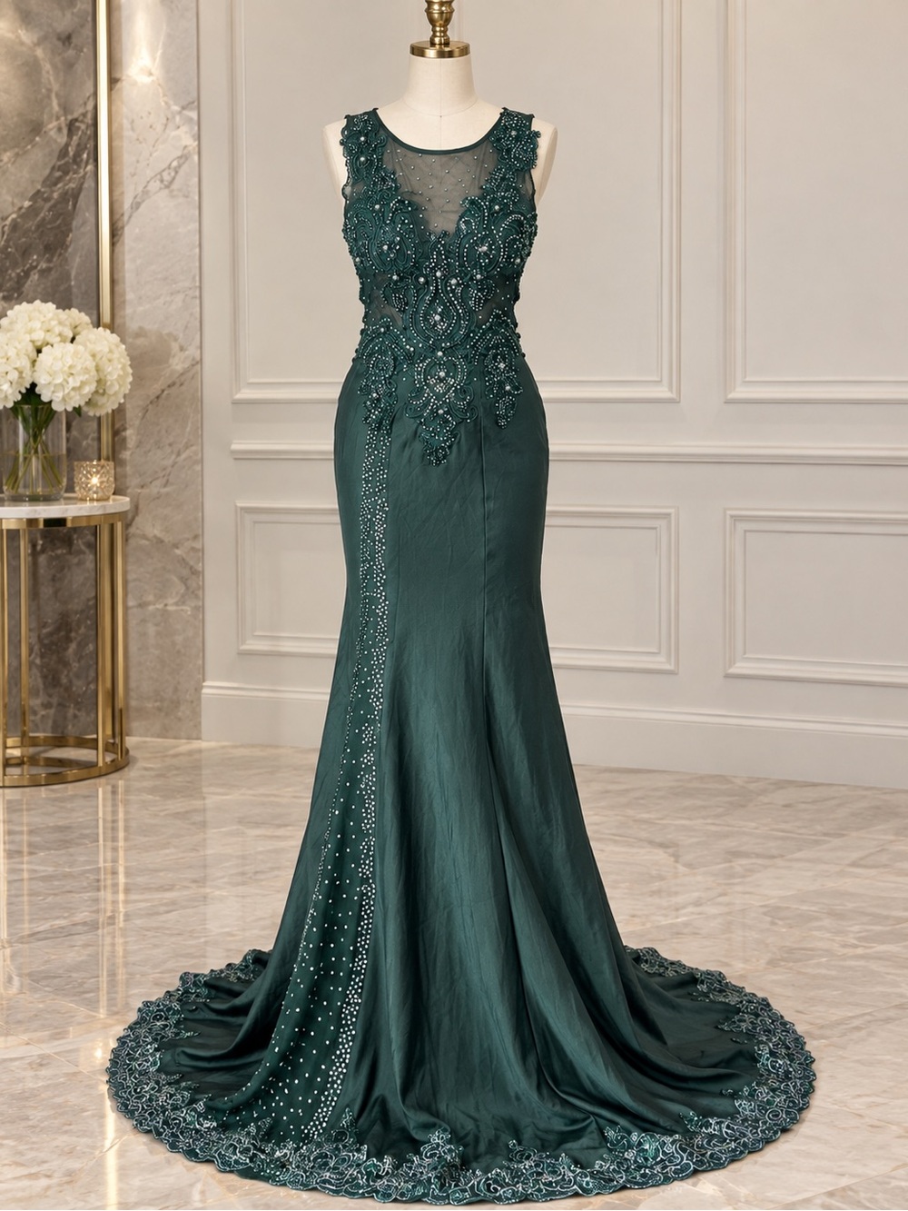 Emerald Green Beaded Illusion Evening Gown